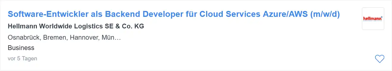 Kachel aus den StepStone-Suchergebnissen der Firma Hellmann Worldwide zeigt einen gelungenen Jobtitel: Software-Entwickler als Backend Developer für Cloud Services Azure/AWS (m/w/d).